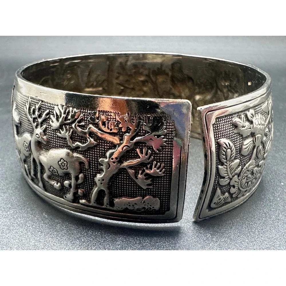 Antique Miao Silver Cuff Bracelet Late 1800s Handmade Talisman Of Eternal Love